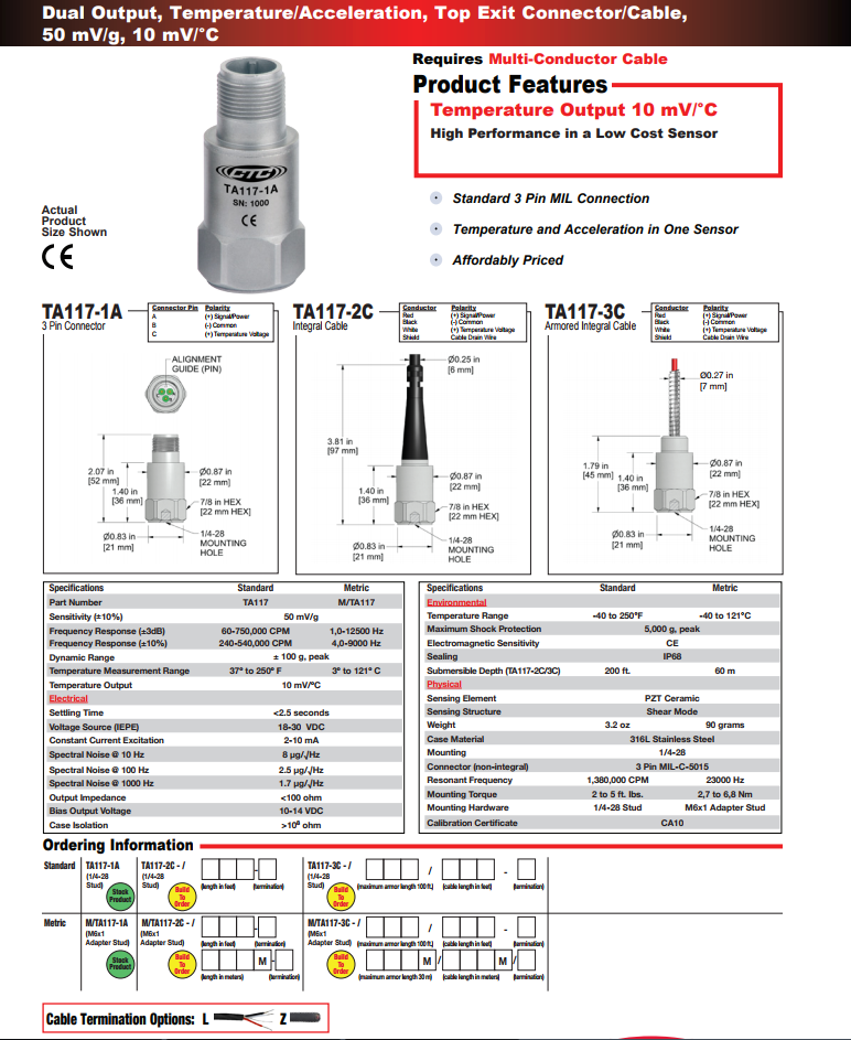 CTC雙輸出溫度/加速度振動(dòng)傳感器TA117技術(shù)參數(shù)