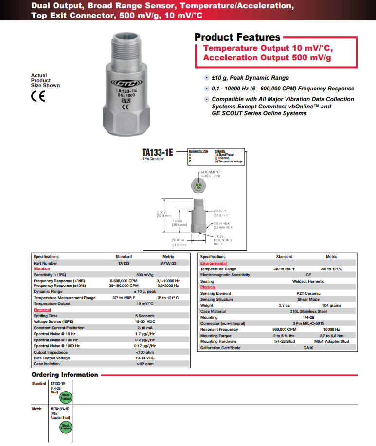CTC雙輸出低g加速度振動(dòng)傳感器TA133技術(shù)參數(shù)