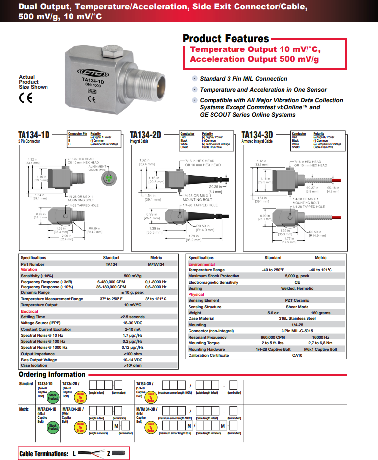 CTC雙輸出振動(dòng)傳感器TA134技術(shù)參數(shù)