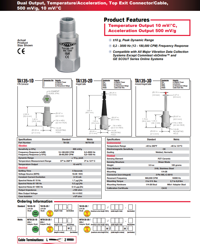 CTC雙輸出振動(dòng)傳感器TA135技術(shù)參數(shù)