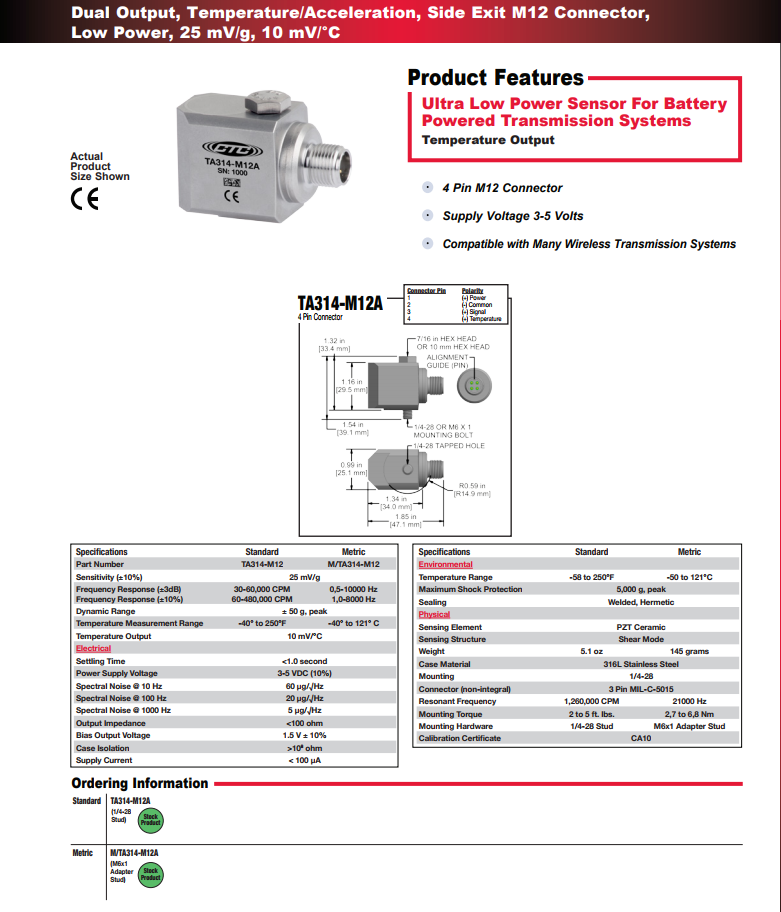 CTC雙輸出振動(dòng)傳感器TA314技術(shù)參數(shù)