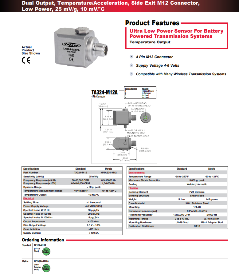 CTC 雙輸出，溫度/加速度振動(dòng)傳感器TA324技術(shù)參數(shù)