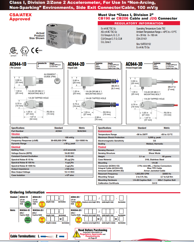  CTC防爆小型加速度振動傳感器AC944技術參數(shù)