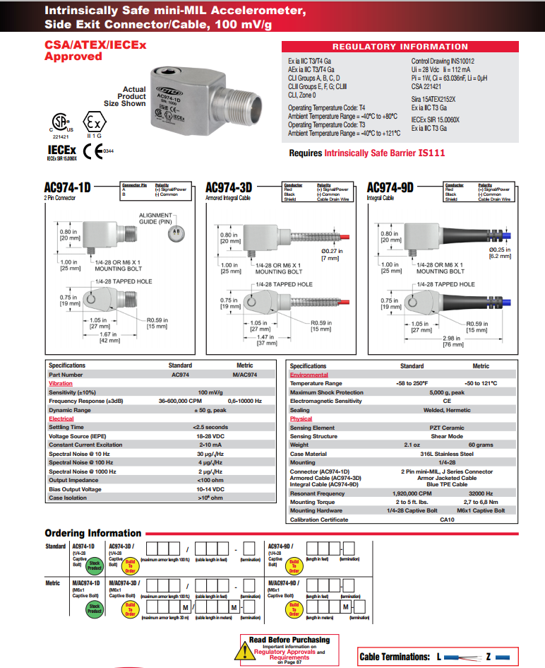 CTC本安型小型加速度振動(dòng)傳感器AC974技術(shù)參數(shù)