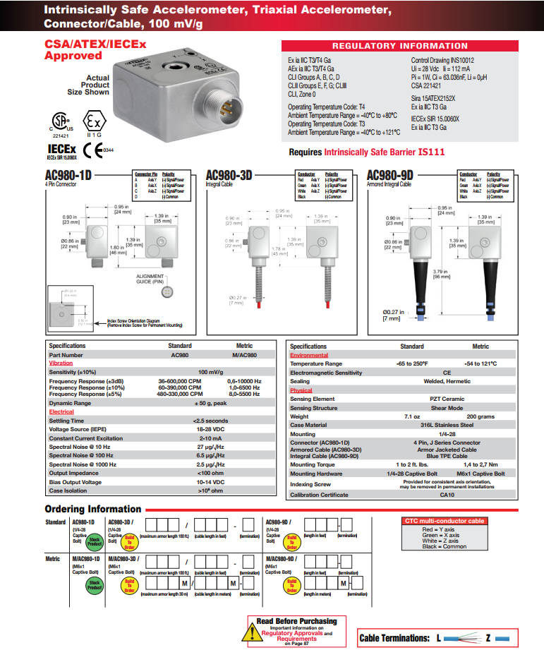 CTC本質(zhì)安全三軸加速度振動傳感器AC980 技術(shù)參數(shù)