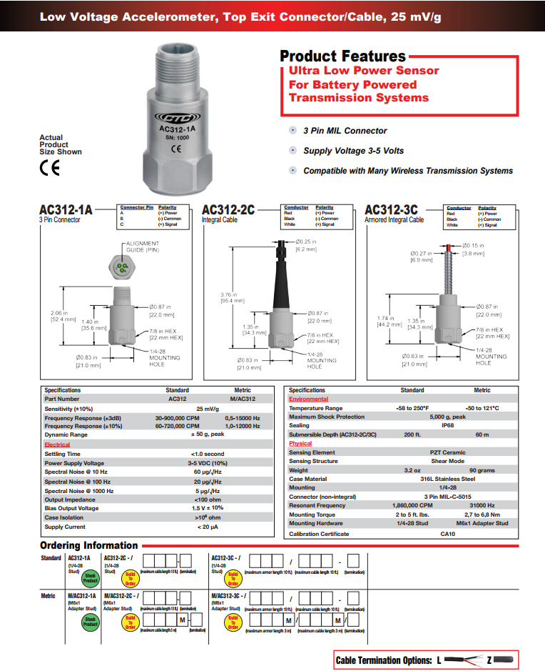 CTC 低壓加速度振動(dòng)傳感器AC312技術(shù)參數(shù)