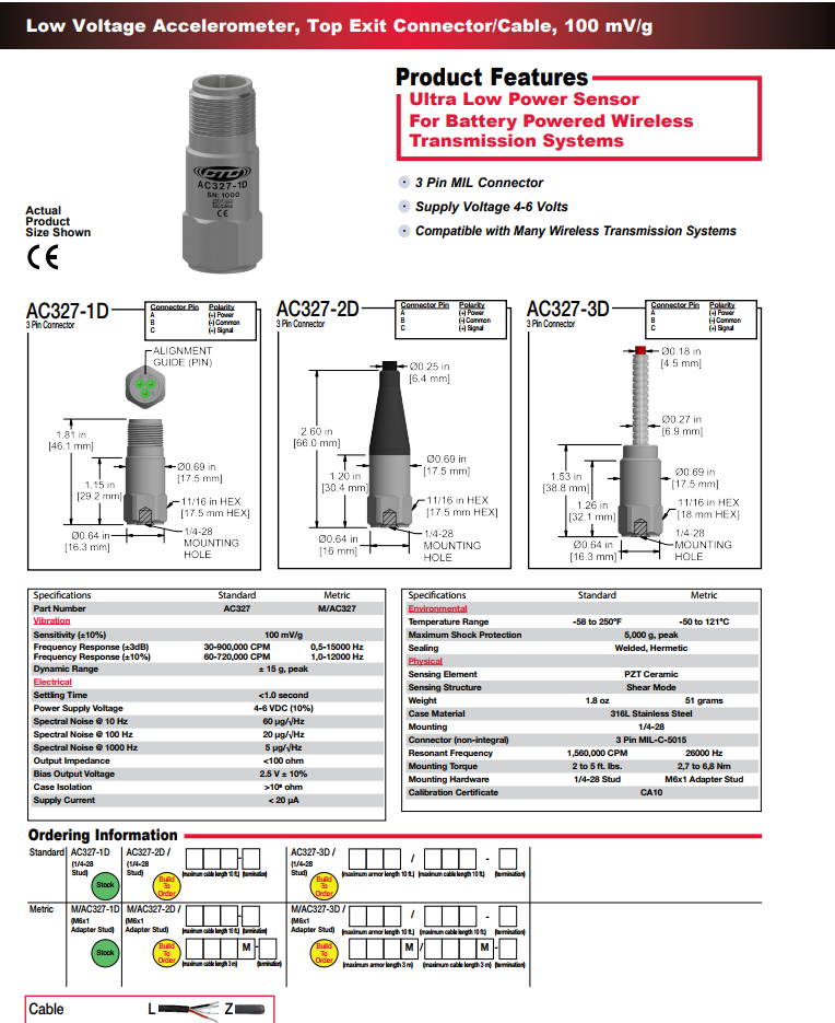 CTC緊湊型低功率加速度振動傳感器AC327技術(shù)參數(shù)